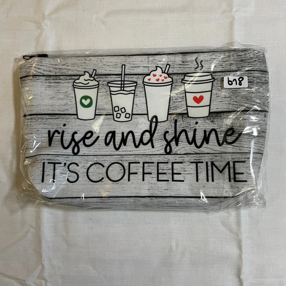 The Pouch Cosmetic Bag Women Small White NWT Rise and Shine Coffee Time Pouch
